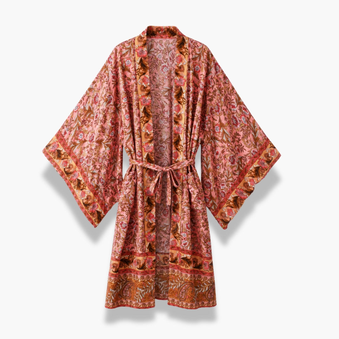 Kimono Long Femme Fleuri Pêche Rosée Japonais | Momoka