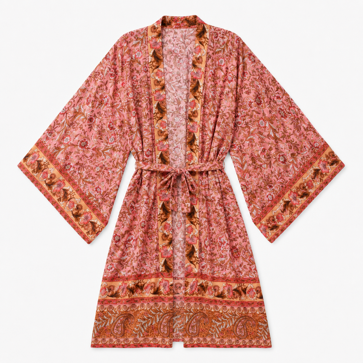 Kimono Long Femme Fleuri Pêche Rosée Japonais | Momoka