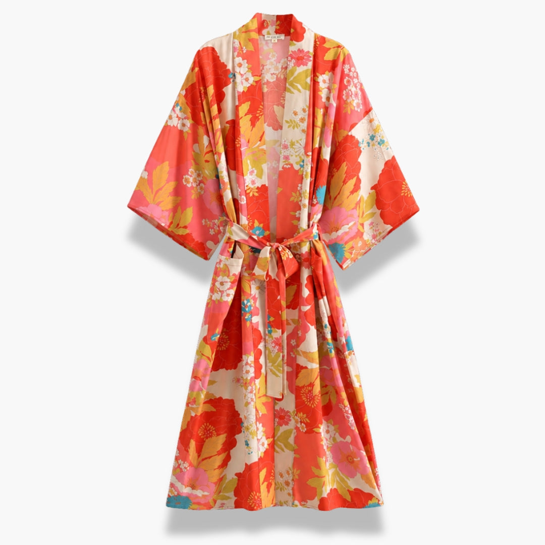 Kimono Long Femme Fleuri Rouge Corail | Momoka