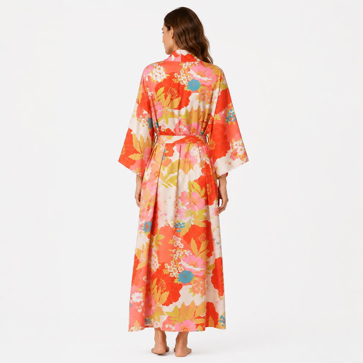 Kimono Long Femme Fleuri Rouge Corail | Momoka