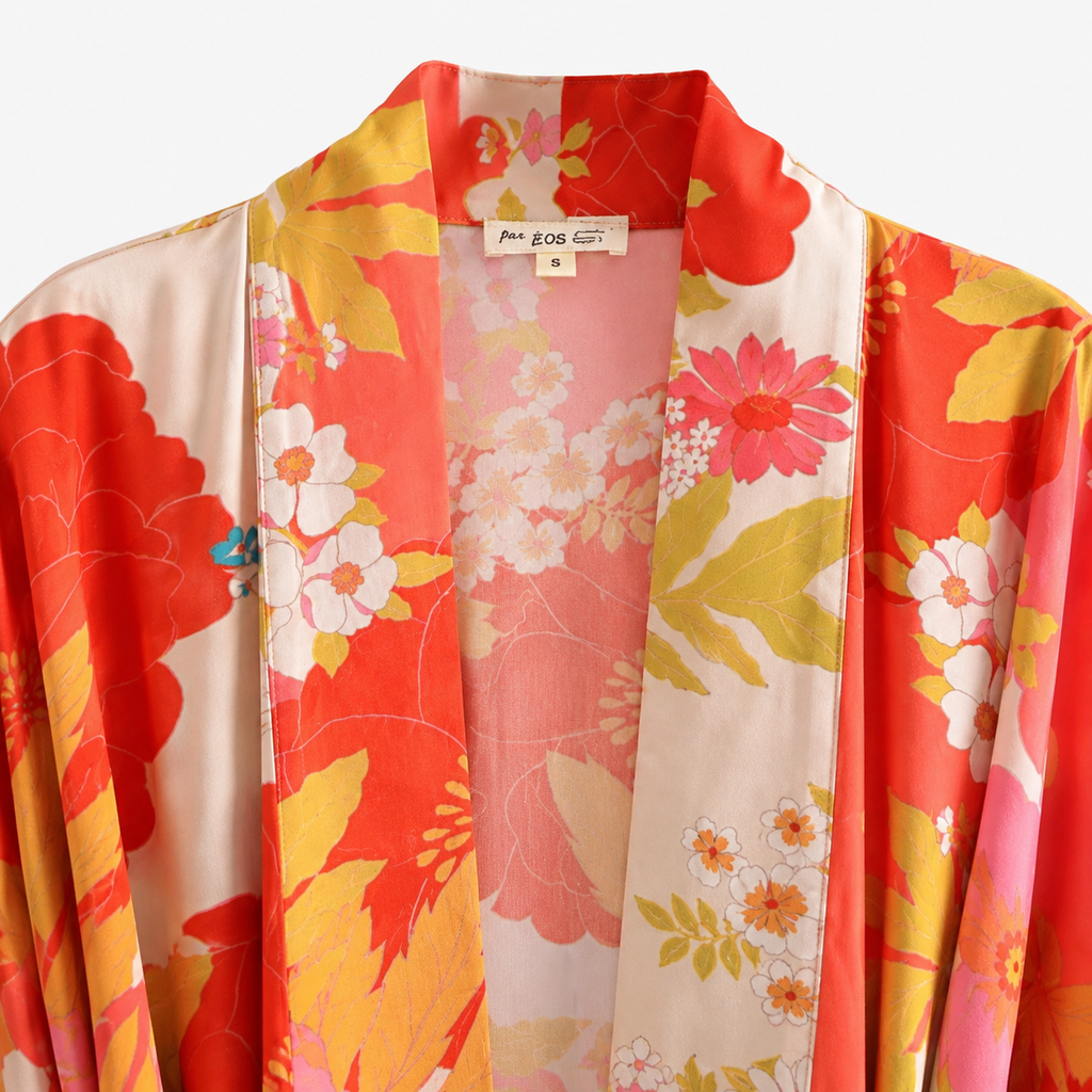 Kimono Long Femme Fleuri Rouge Corail | Momoka