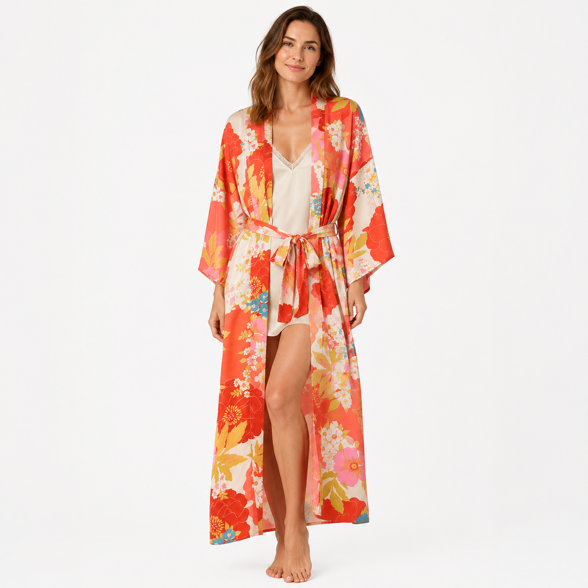 Kimono Long Femme Fleuri Rouge Corail | Momoka