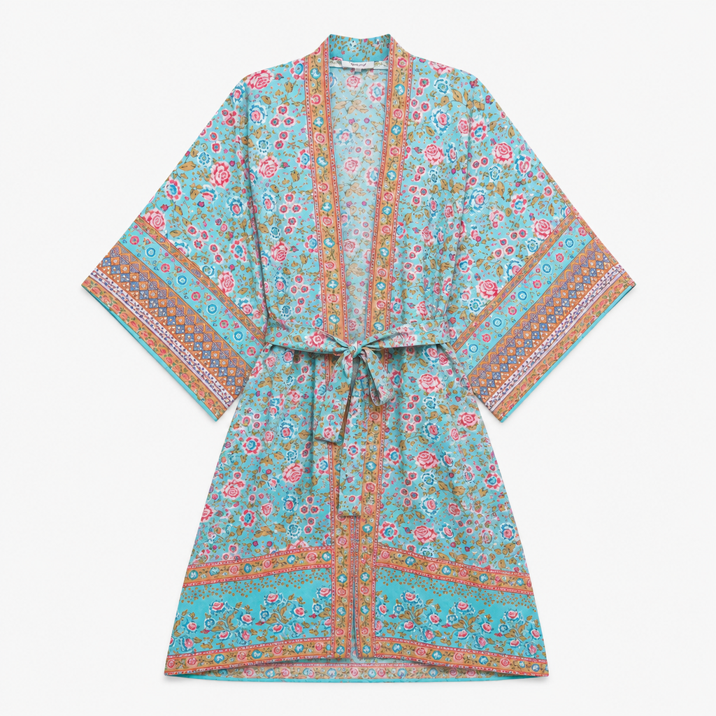 Kimono Long Femme Fleuri Turquoise | Kasumi