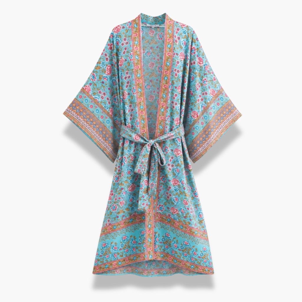 Kimono Long Femme Fleuri Turquoise | Kasumi