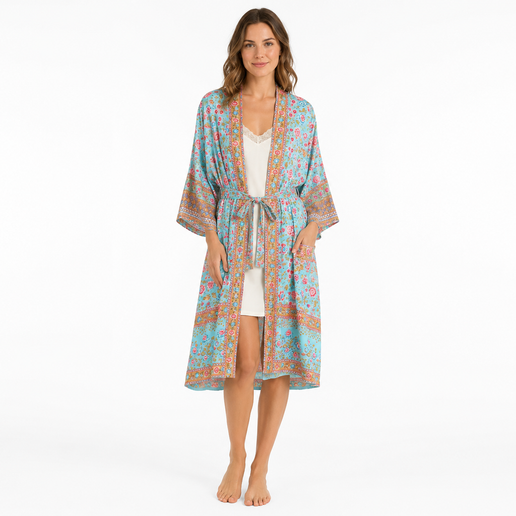 Kimono Long Femme Fleuri Turquoise | Kasumi