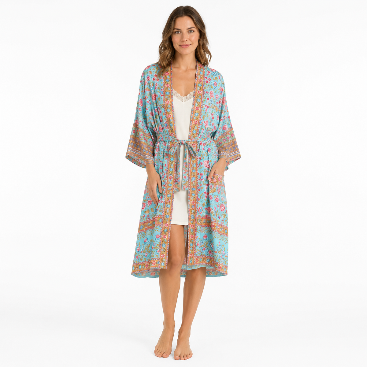 Kimono Long Femme Fleuri Turquoise | Kasumi