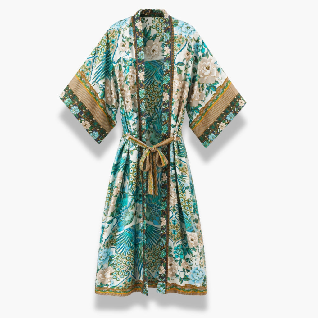 Kimono Long Femme Fleuri Turquoise | Mizuha