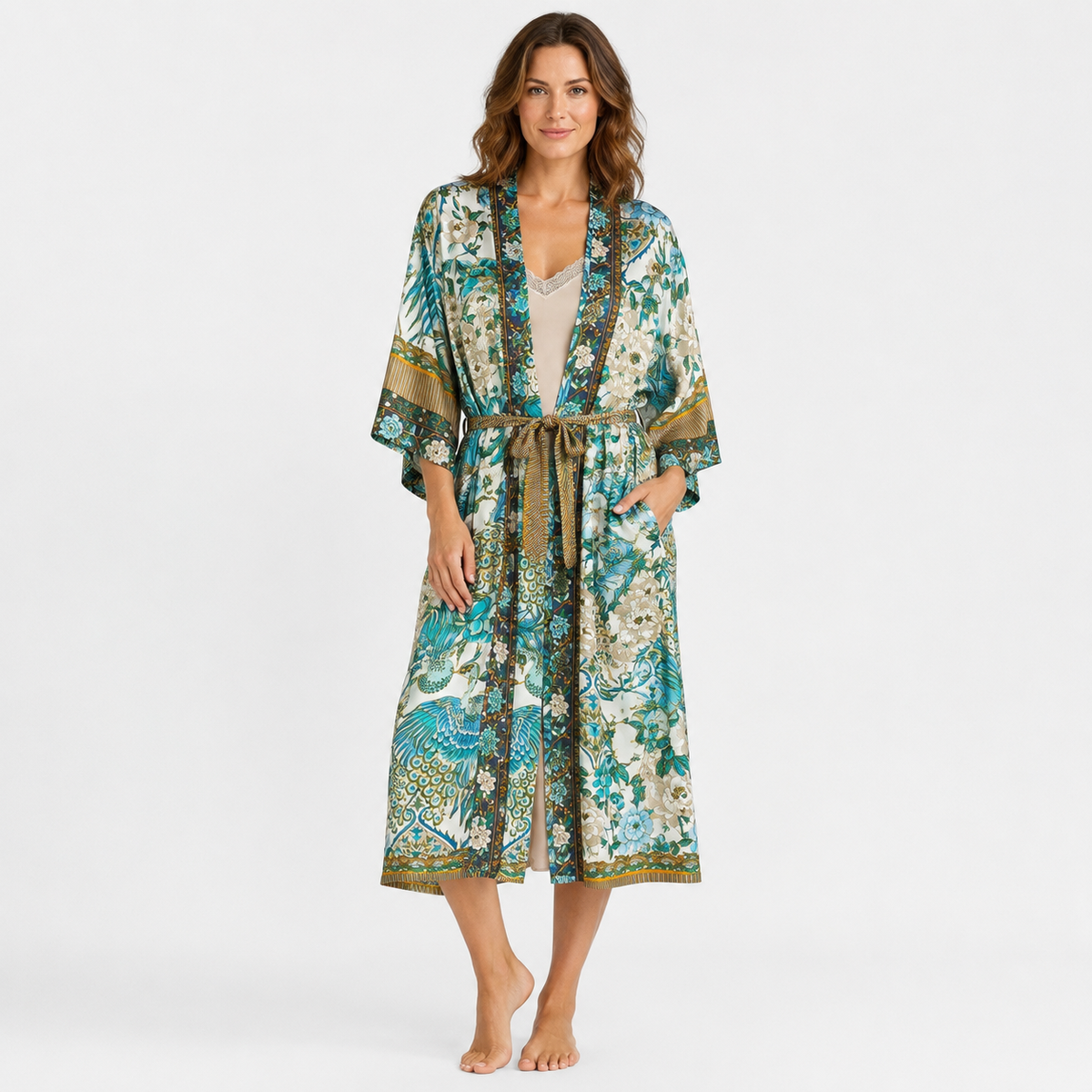 Kimono Long Femme Fleuri Turquoise | Mizuha