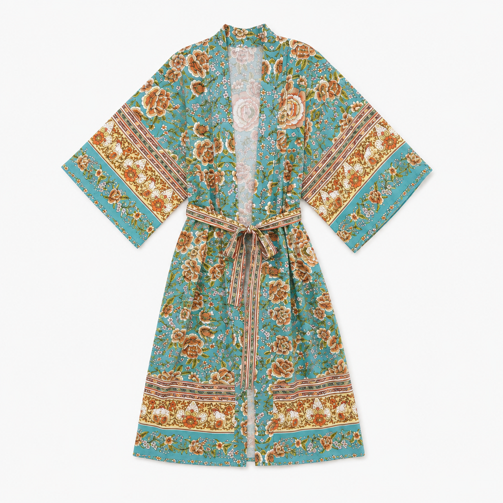 Kimono Long Femme Fleuri Turquoise | Tsubasa