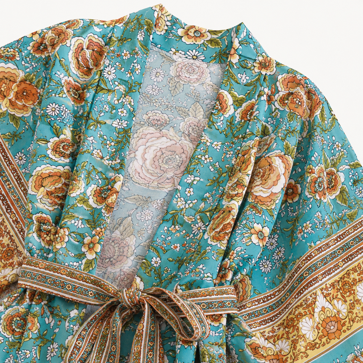Kimono Long Femme Fleuri Turquoise | Tsubasa
