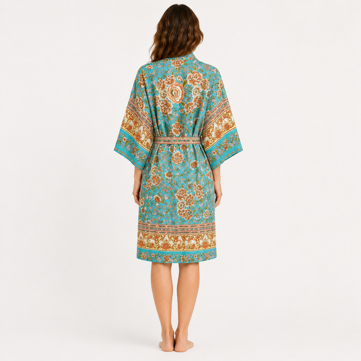 Kimono Long Femme Fleuri Turquoise | Tsubasa
