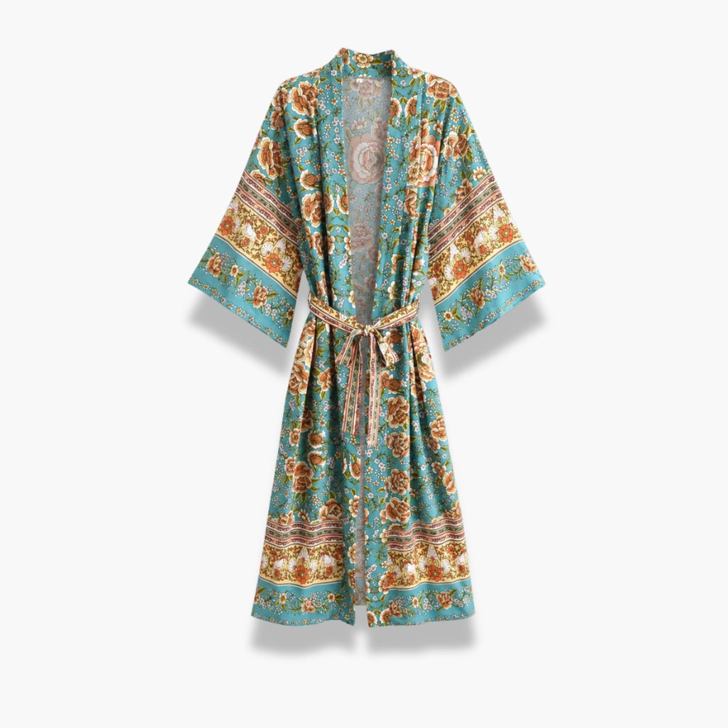 Kimono Long Femme Fleuri Turquoise | Tsubasa