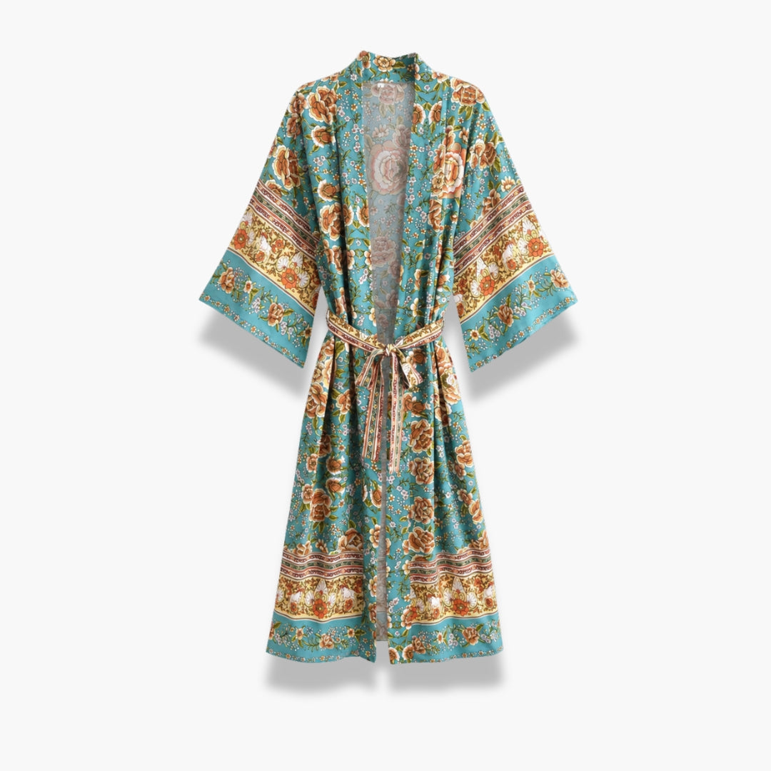 Kimono Long Femme Fleuri Turquoise | Tsubasa