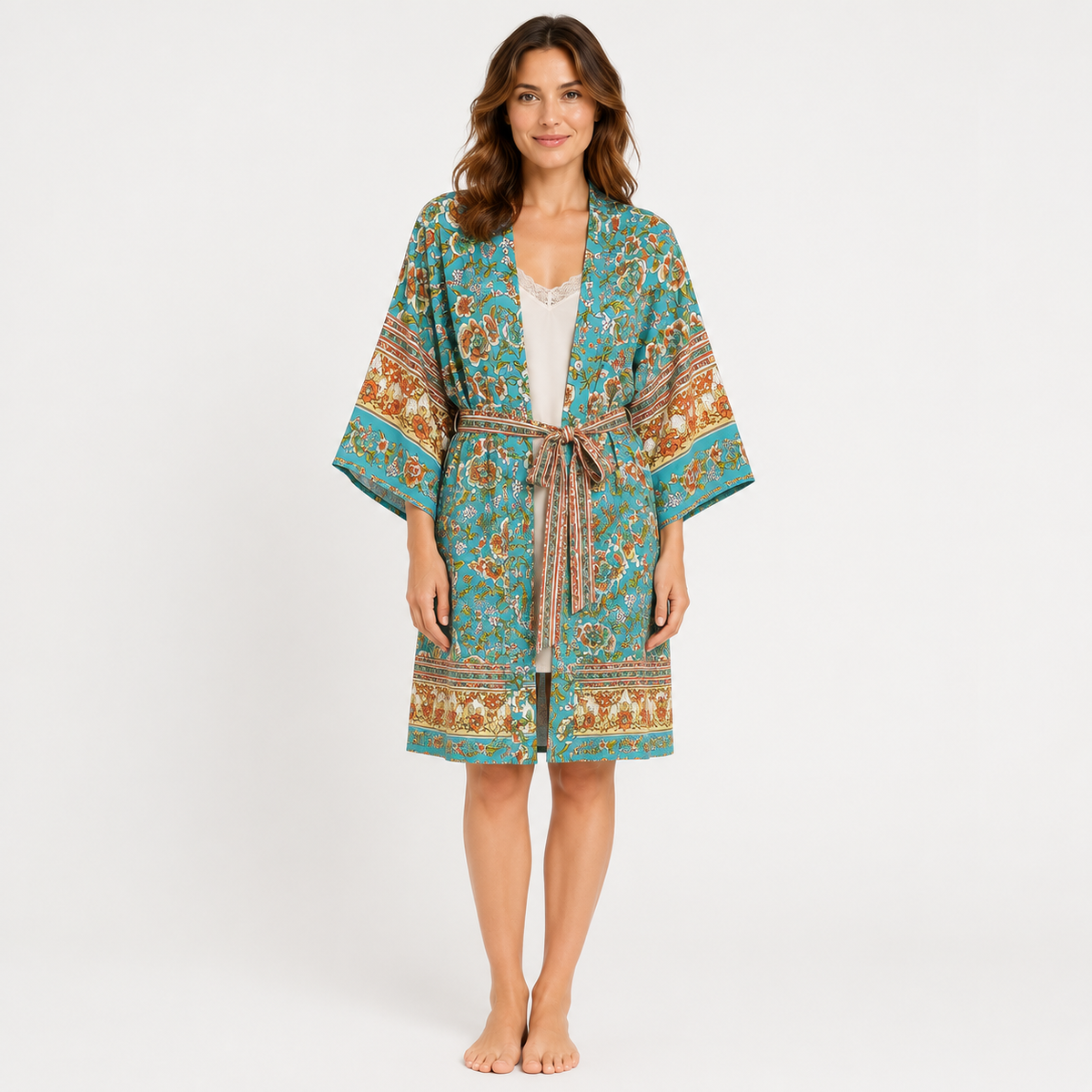 Kimono Long Femme Fleuri Turquoise | Tsubasa