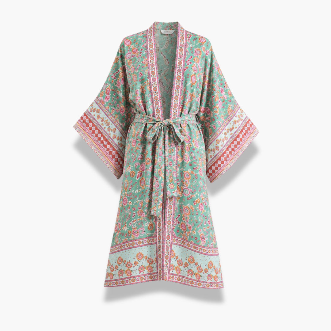 Kimono Long Femme Fleuri Vert Menthe | Mizuha
