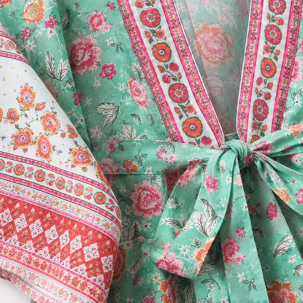 Kimono Long Femme Fleuri Vert Menthe | Mizuha