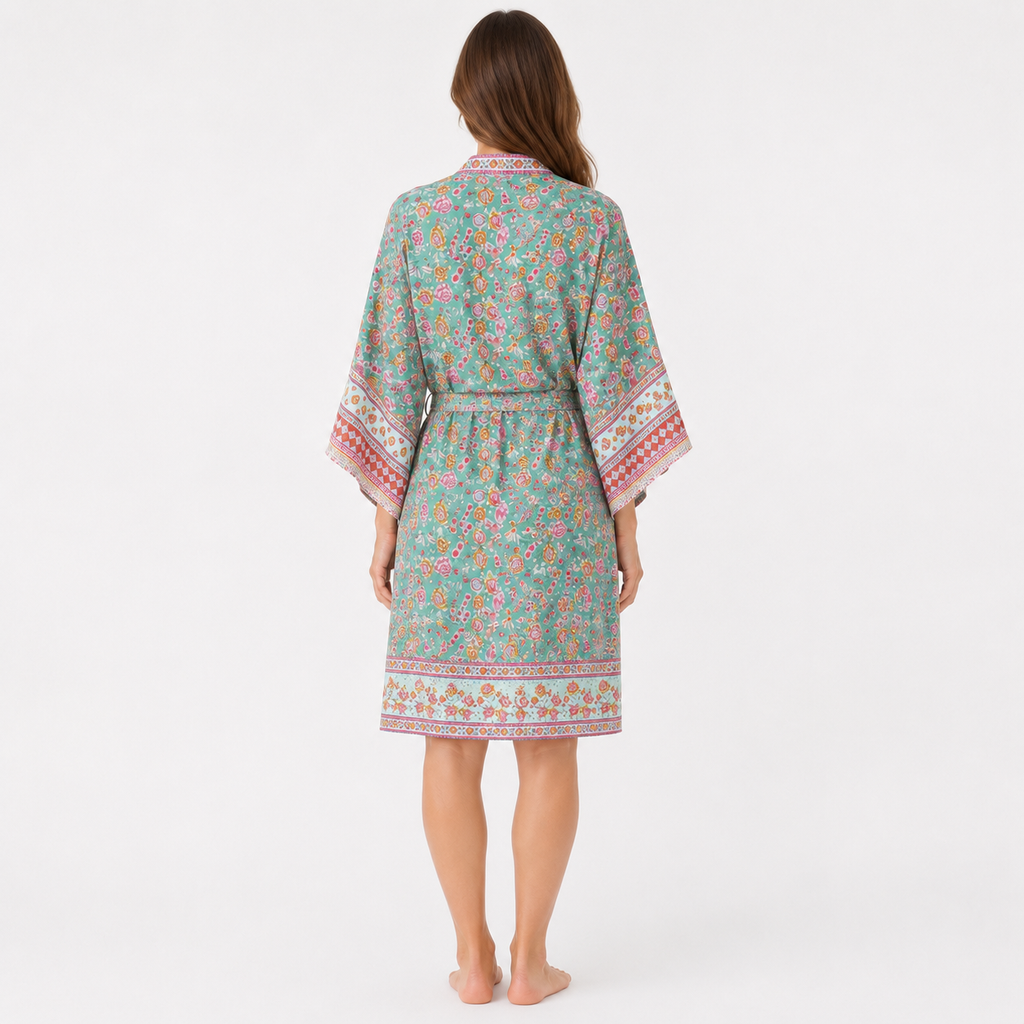 Kimono Long Femme Fleuri Vert Menthe | Mizuha
