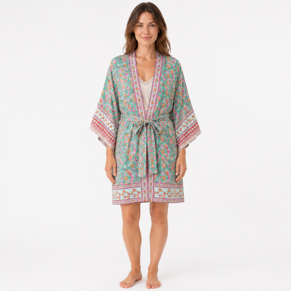 Kimono Long Femme Fleuri Vert Menthe | Mizuha
