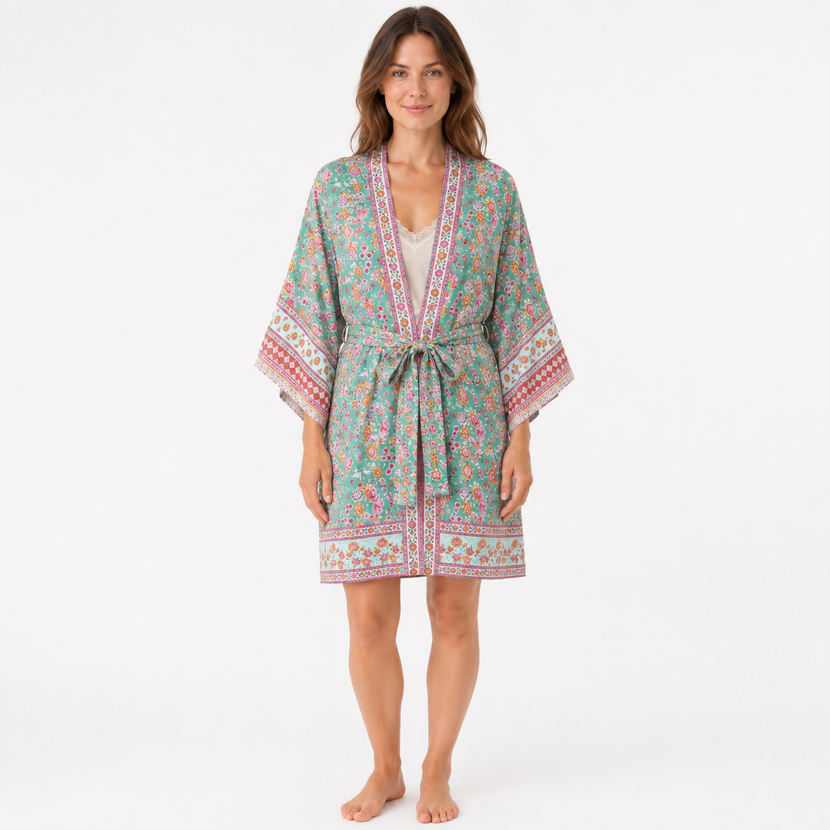 Kimono Long Femme Fleuri Vert Menthe | Mizuha