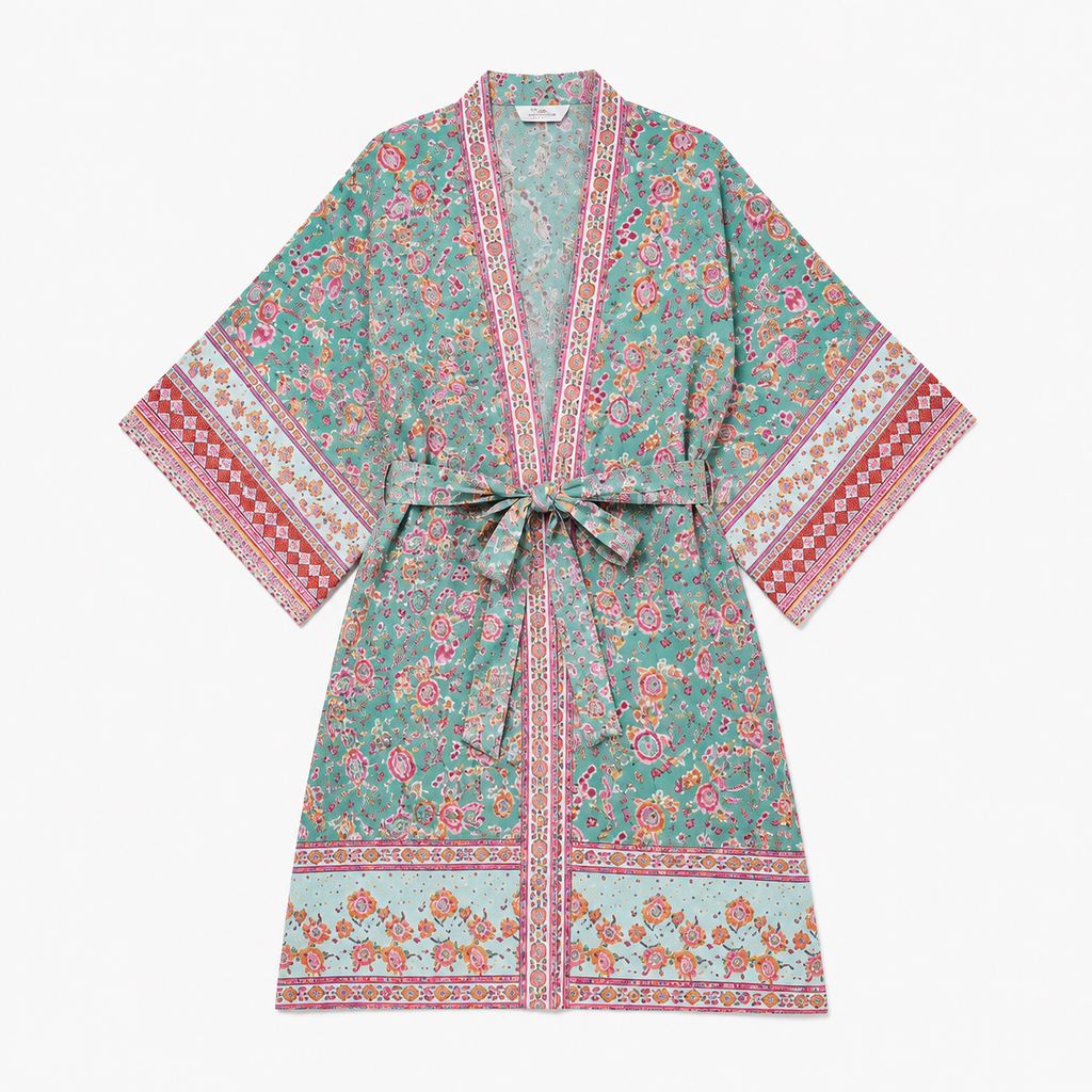 Kimono Long Femme Fleuri Vert Menthe | Mizuha