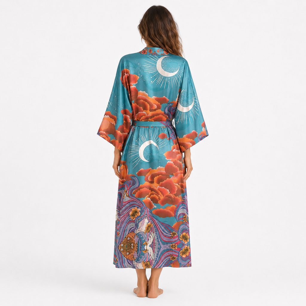 Kimono Long Femme Japonais Turquoise | Tsukiko