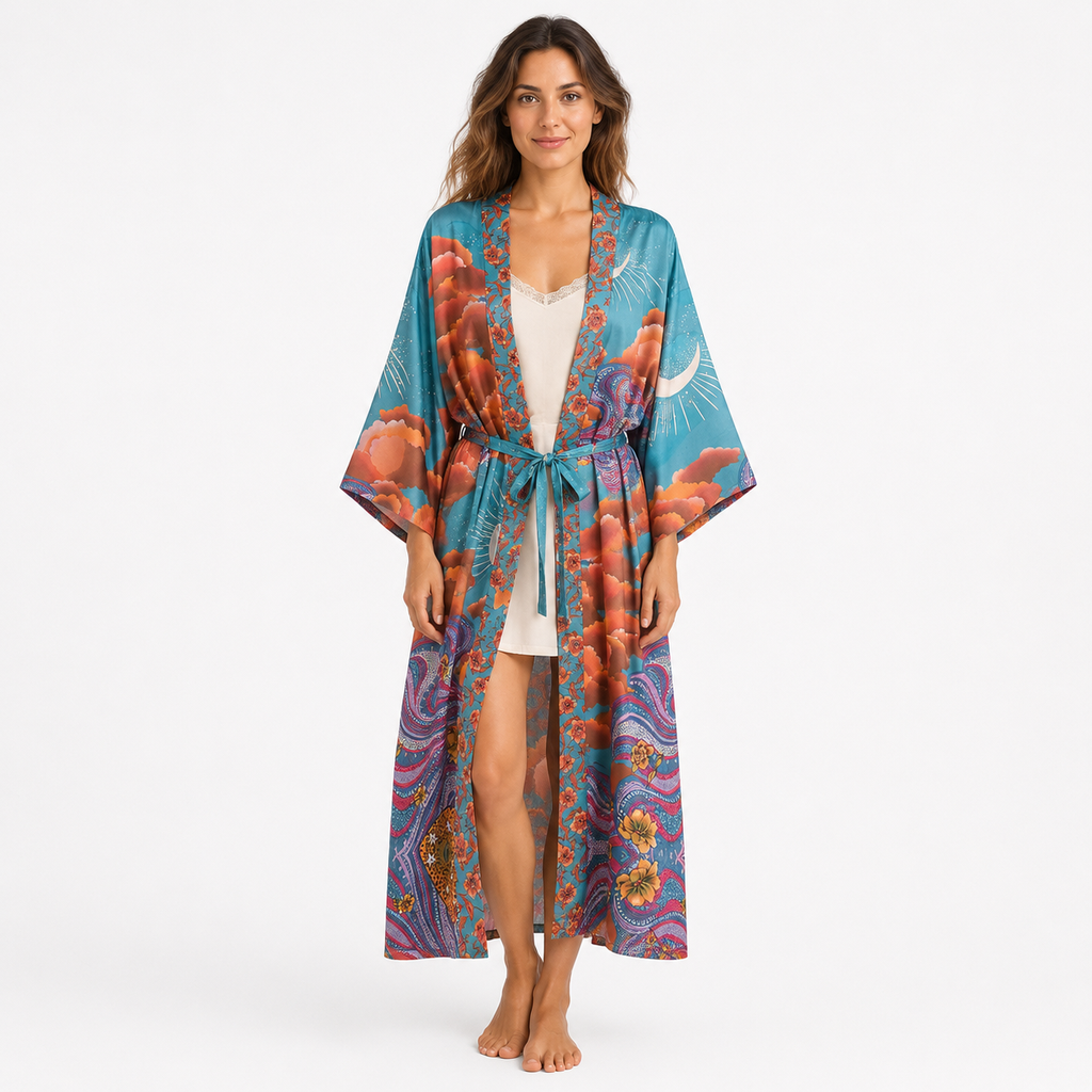 Kimono Long Femme Japonais Turquoise | Tsukiko