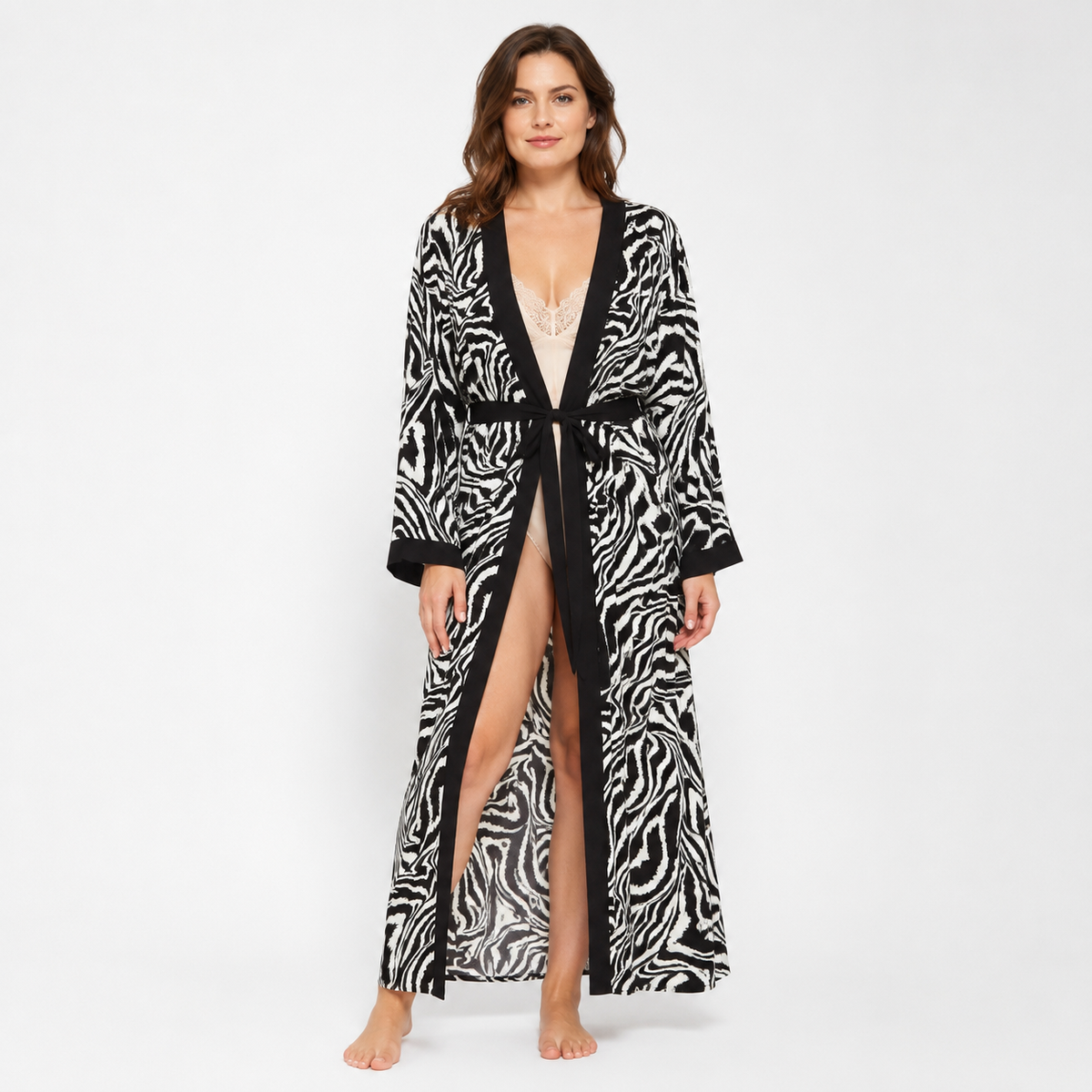 Kimono Long Femme Motif Zébré Noir | Reika