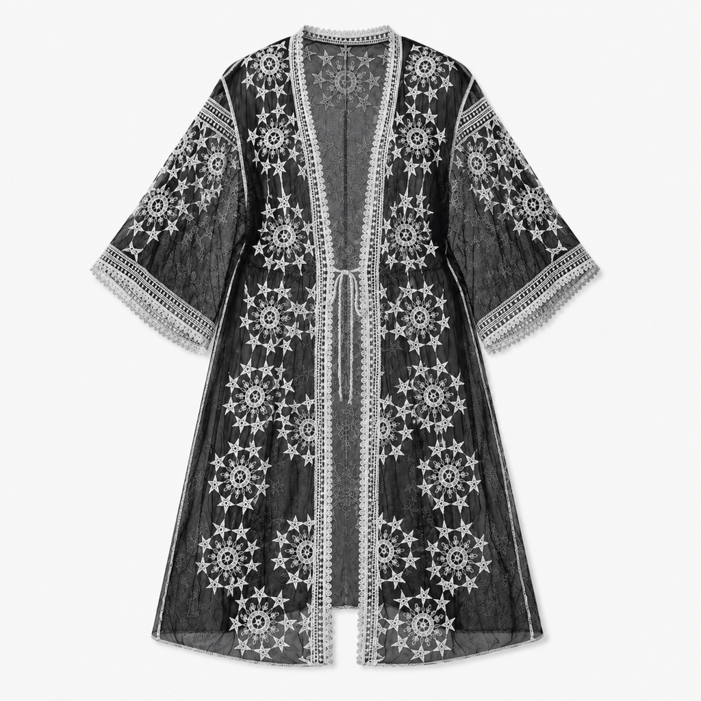 Kimono Long Femme Noir Transparent Dentelle | Ayame