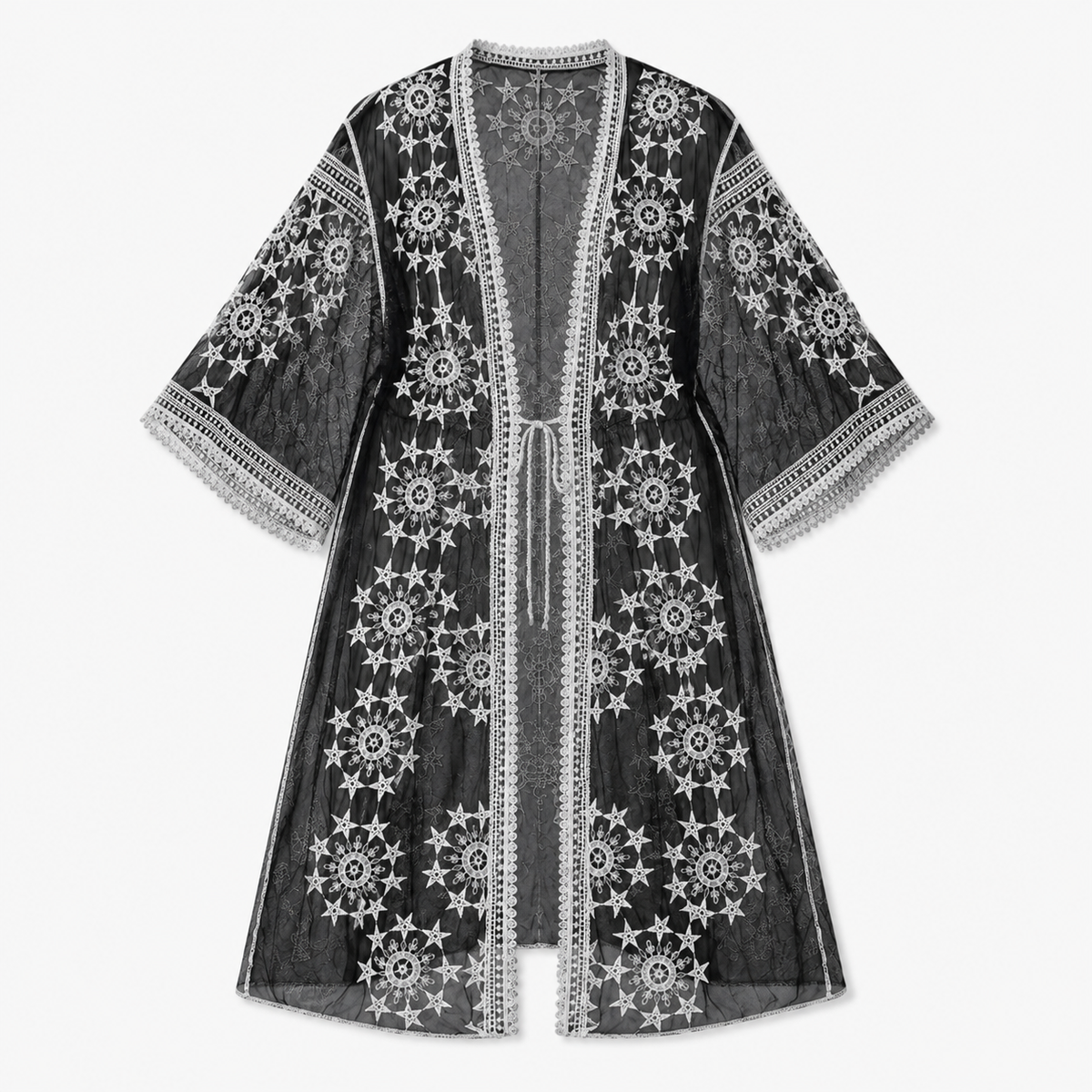 Kimono Long Femme Noir Transparent Dentelle | Ayame