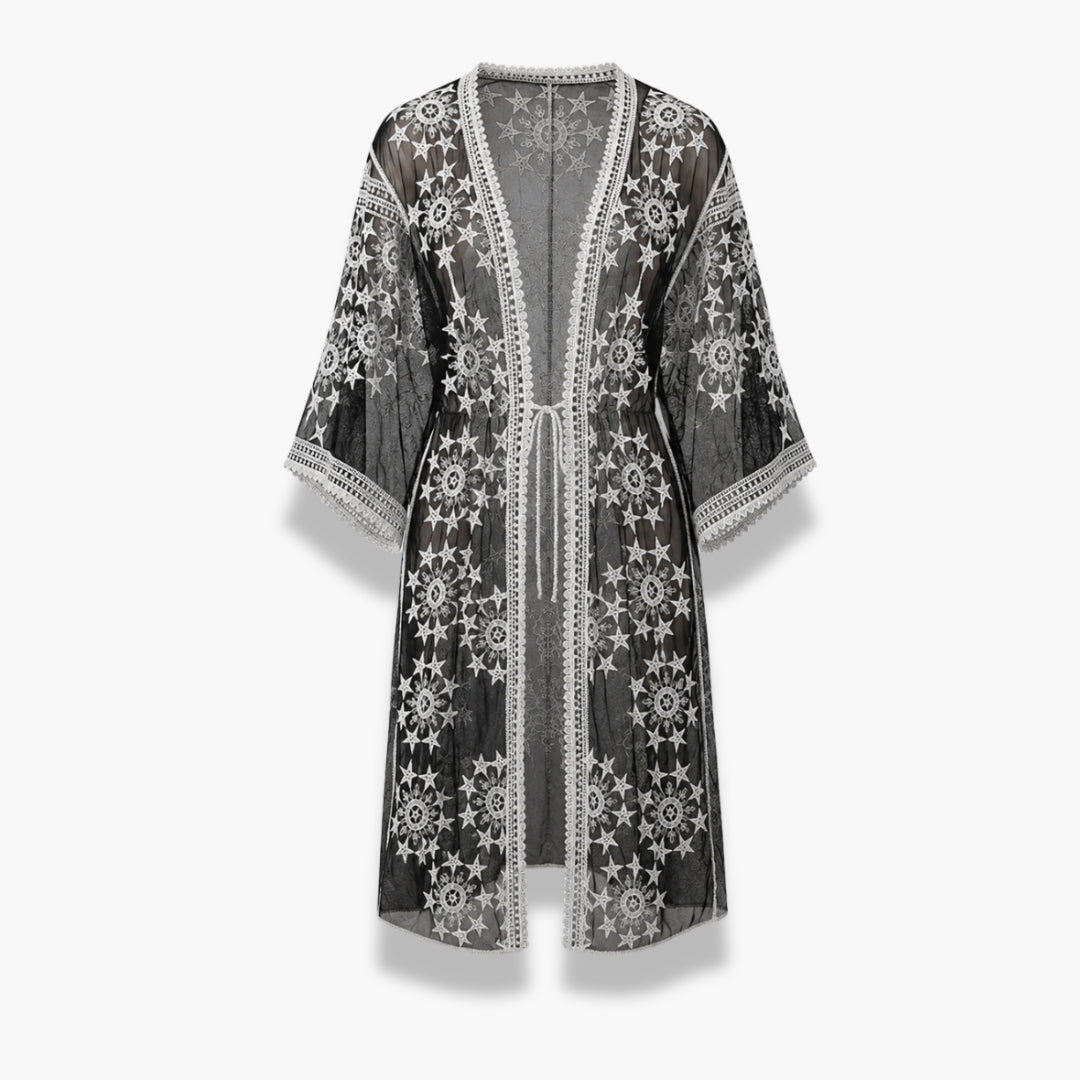 Kimono Long Femme Noir Transparent Dentelle | Ayame