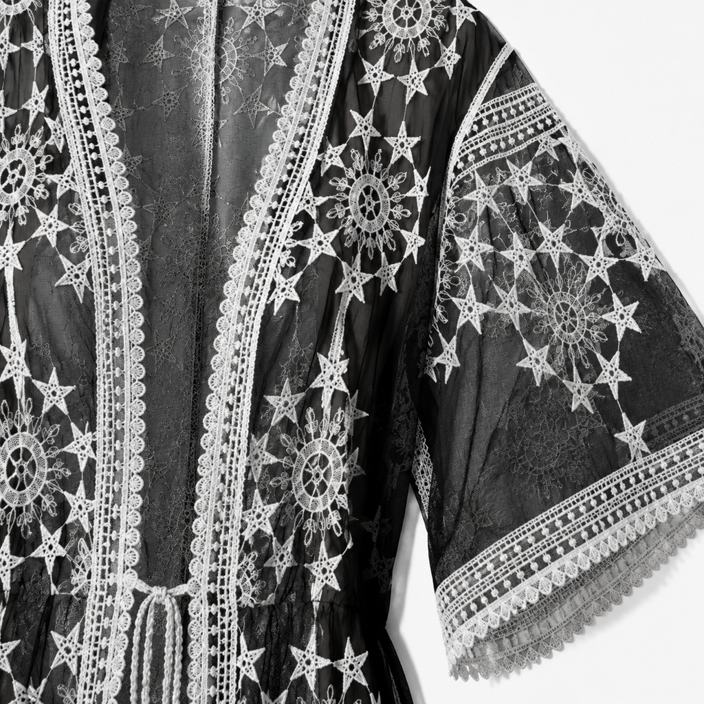 Kimono Long Femme Noir Transparent Dentelle | Ayame
