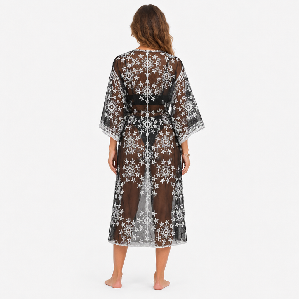 Kimono Long Femme Noir Transparent Dentelle | Ayame