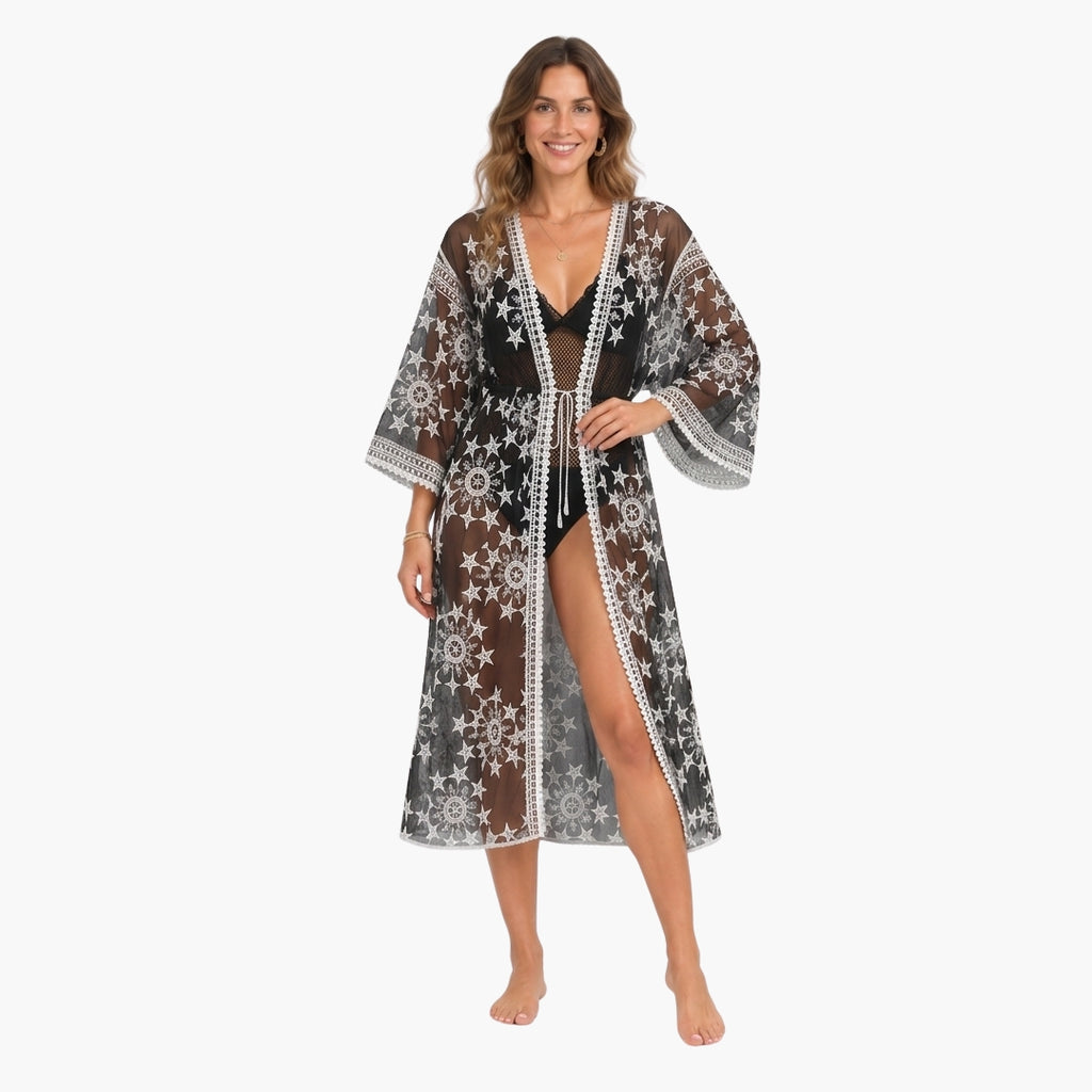 Kimono Long Femme Noir Transparent Dentelle | Ayame