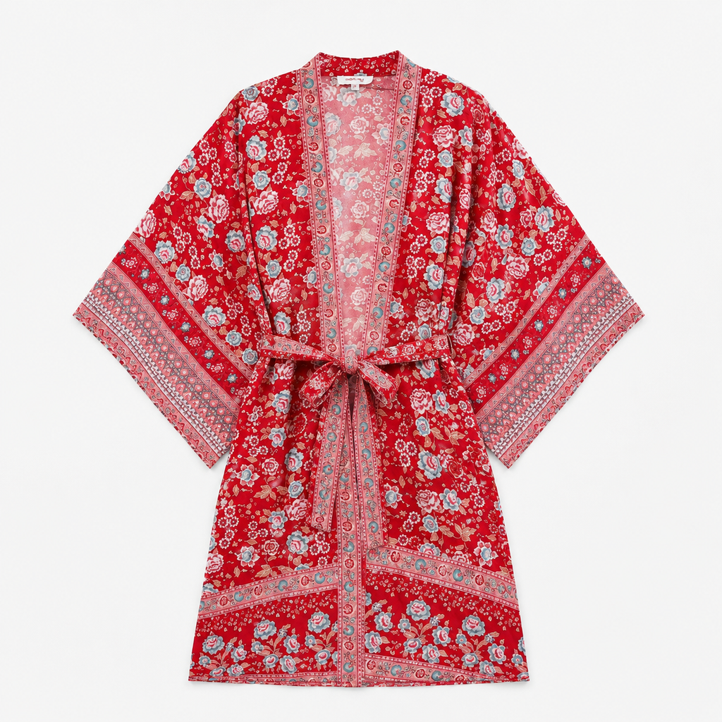 Kimono Long Femme Rouge Fleuri Japonais | Momiji