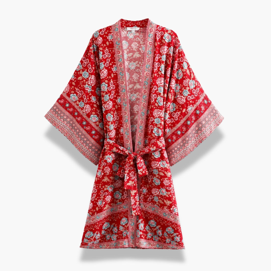 Kimono Long Femme Rouge Fleuri Japonais | Momiji