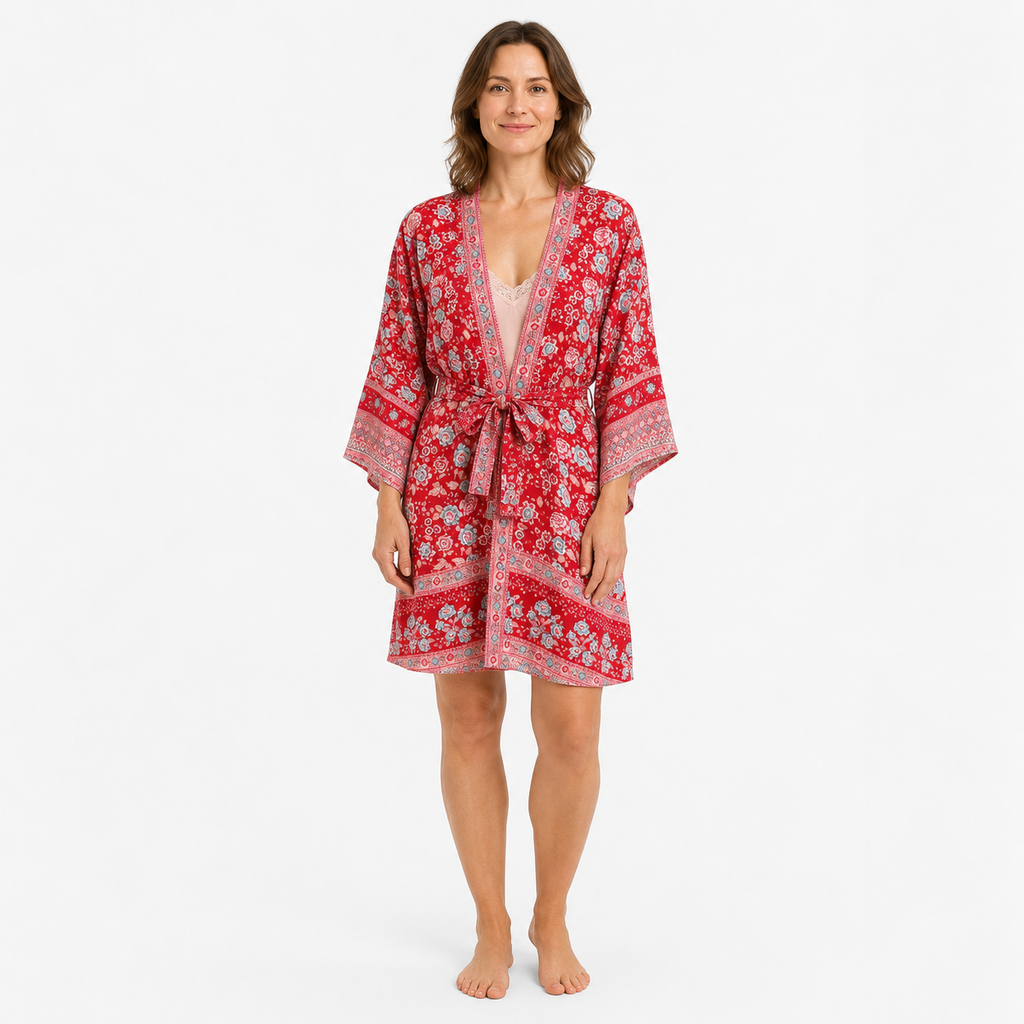 Kimono Long Femme Rouge Fleuri Japonais | Momiji
