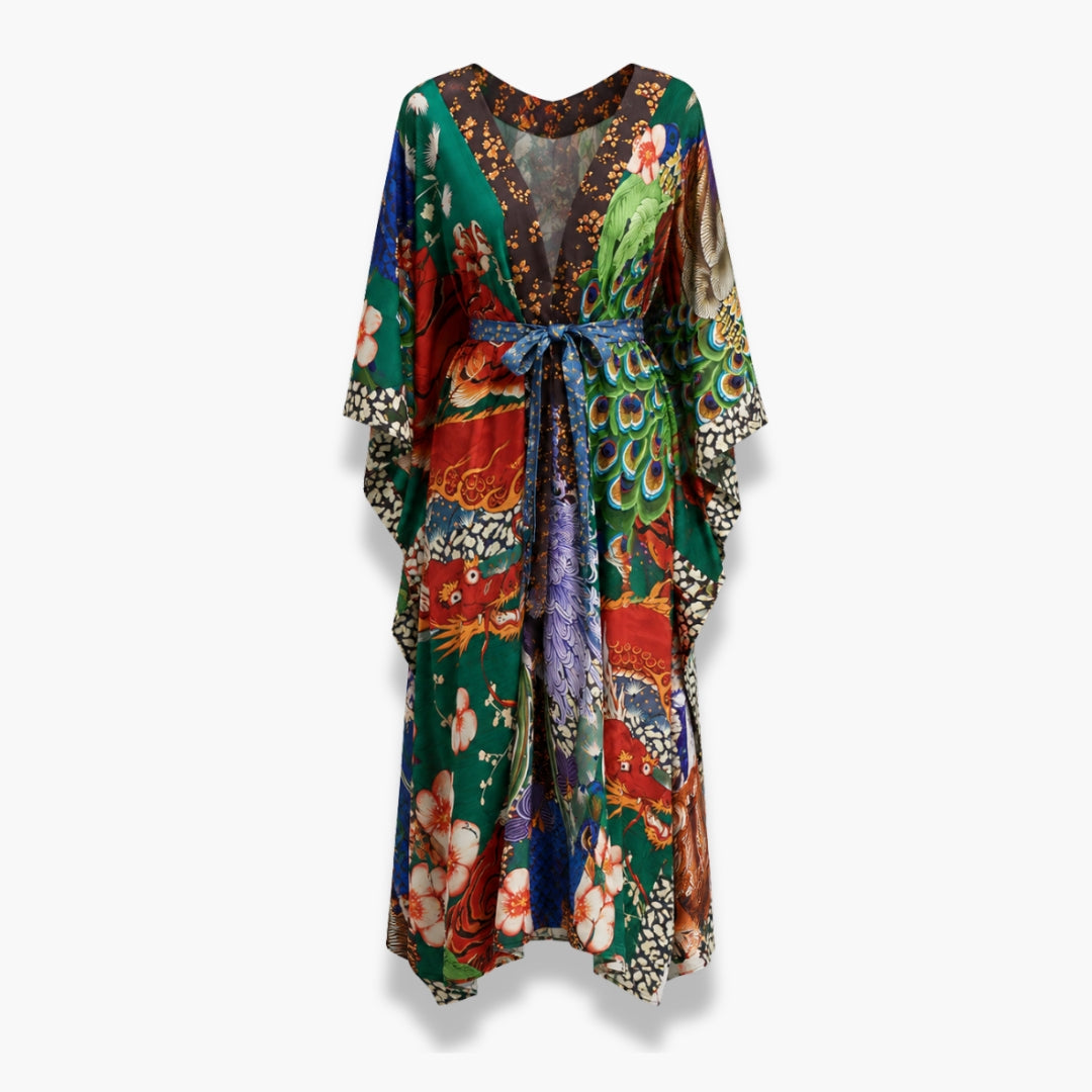 Kimono Long Femme Satin Dragon Paon Vert Foncé | Ryūka