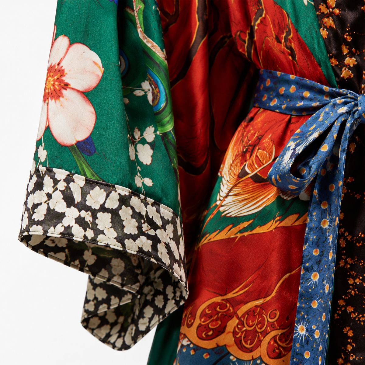 Kimono Long Femme Satin Dragon Paon Vert Foncé | Ryūka