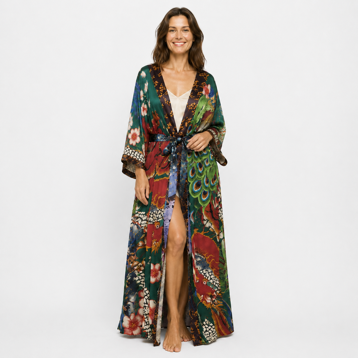 Kimono Long Femme Satin Dragon Paon Vert Foncé | Ryūka