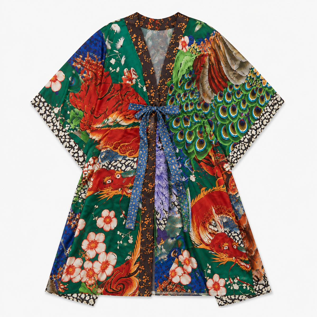 Kimono Long Femme Satin Dragon Paon Vert Foncé | Ryūka