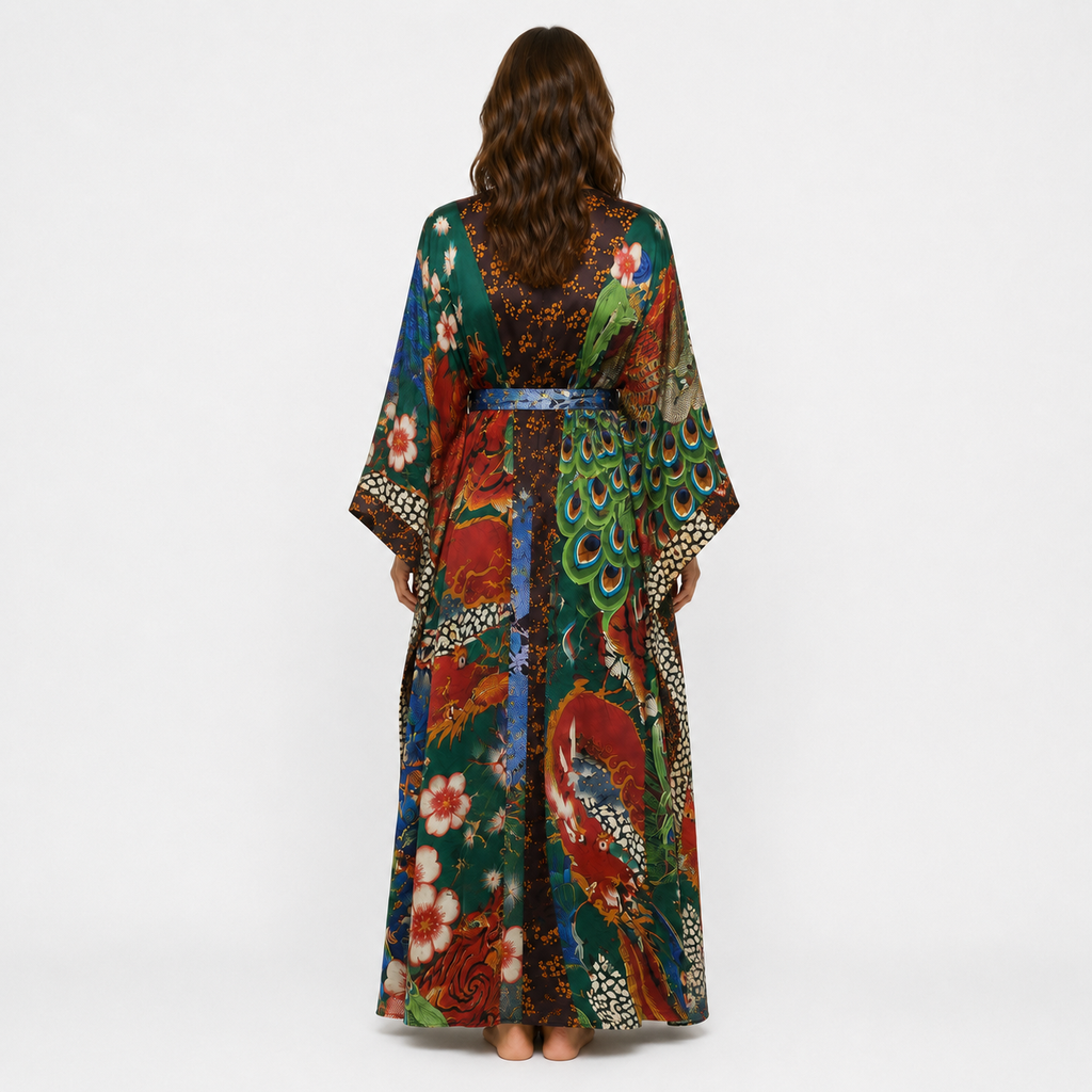 Kimono Long Femme Satin Dragon Paon Vert Foncé | Ryūka