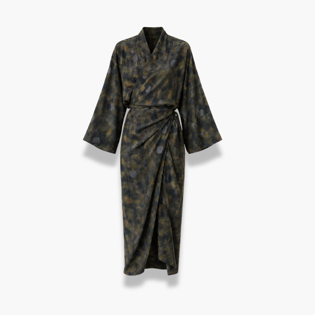 Kimono Long Femme Soie Olive Japonais | Mizuki