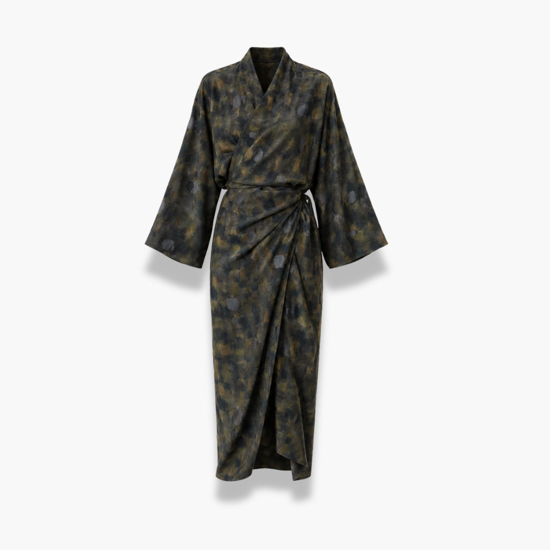 Kimono Long Femme Soie Olive Japonais | Mizuki