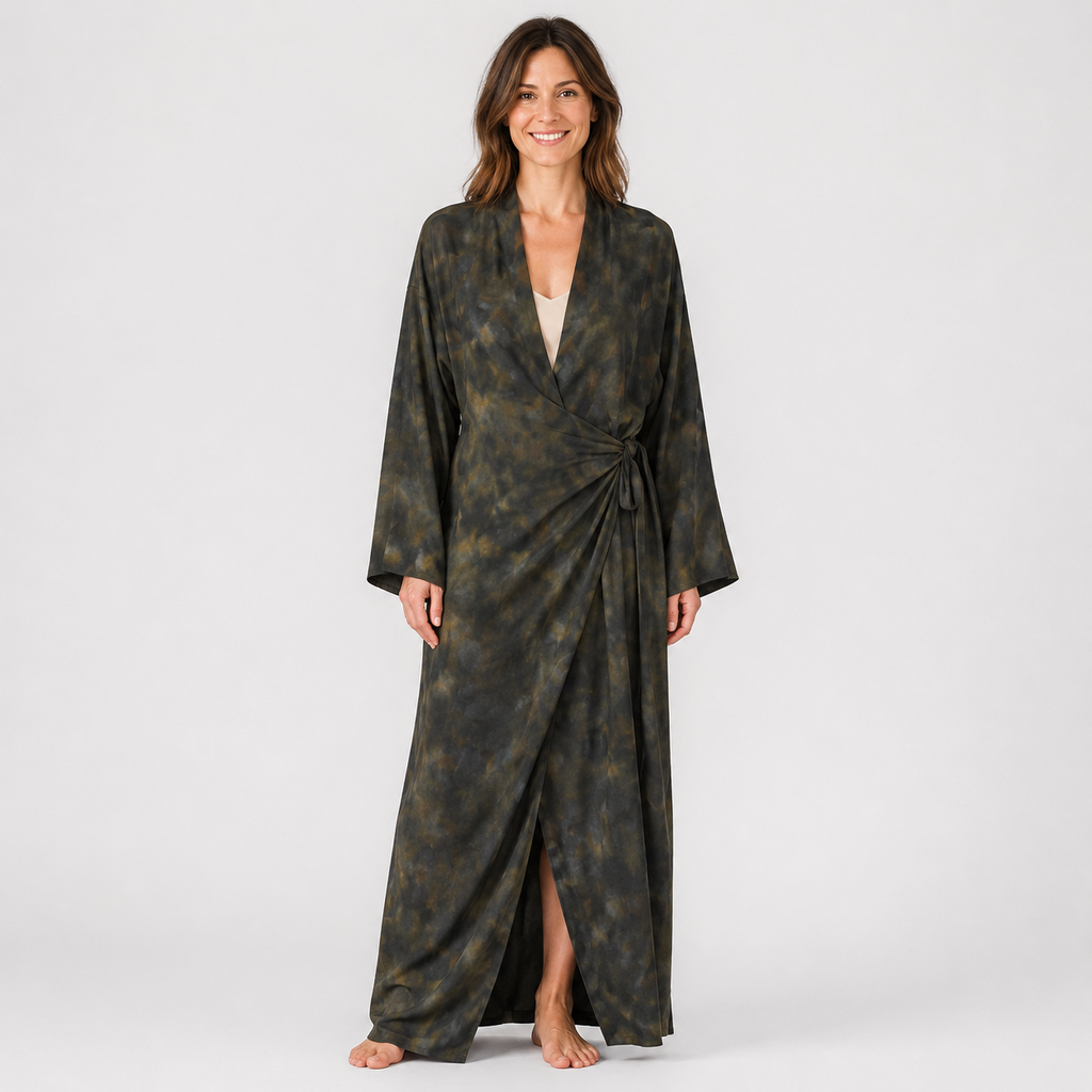 Kimono Long Femme Soie Olive Japonais | Mizuki