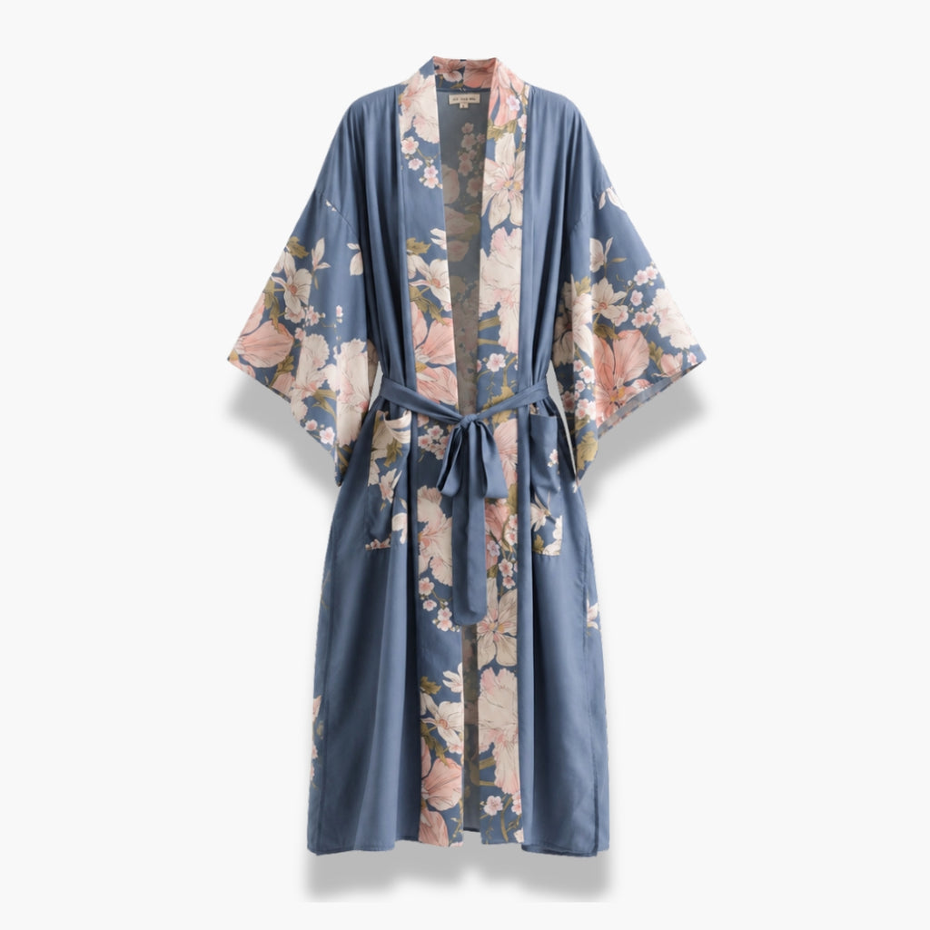 Kimono Femme Long Fleuri Bleu Ardoise | Mizuha