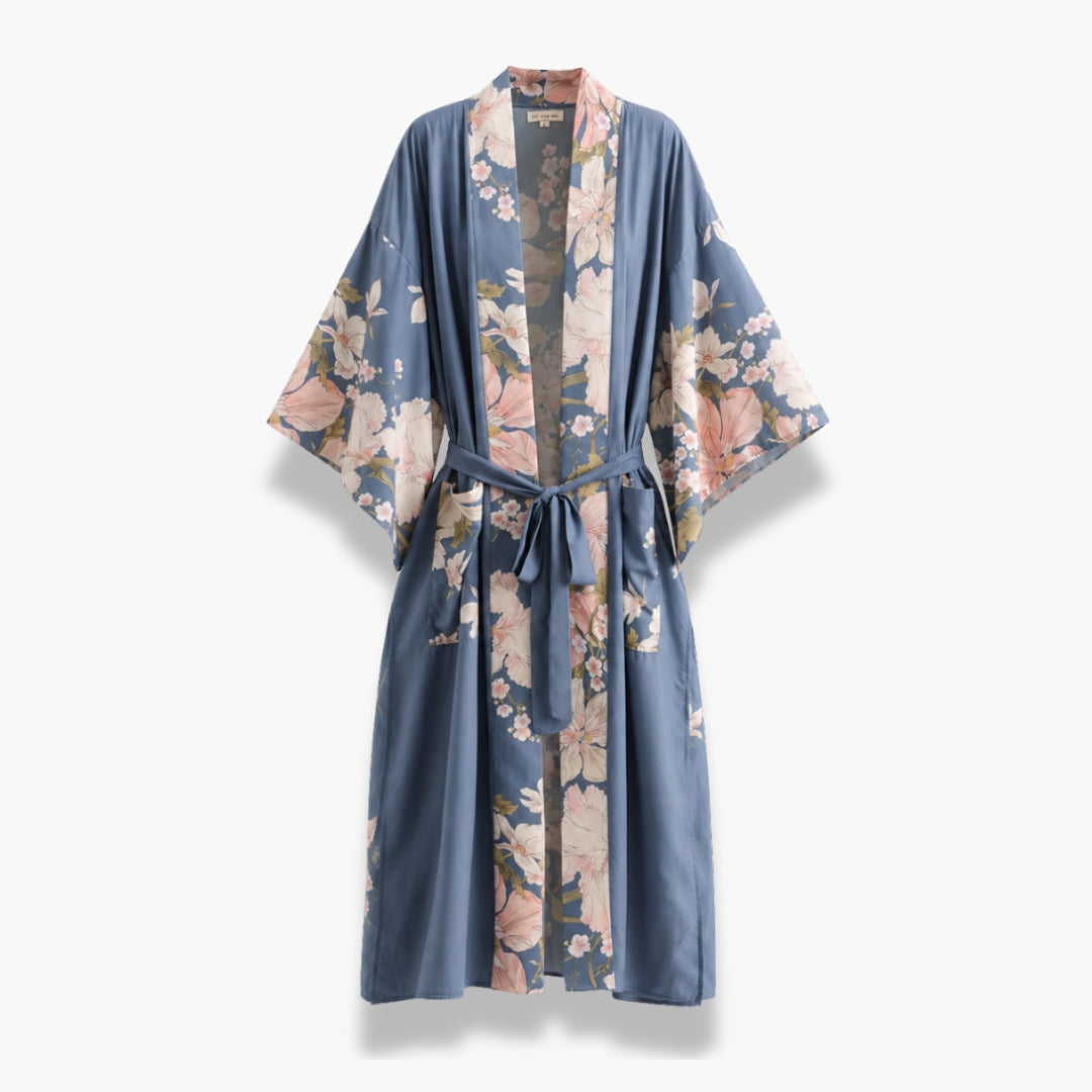 Kimono Femme Long Fleuri Bleu Ardoise | Mizuha