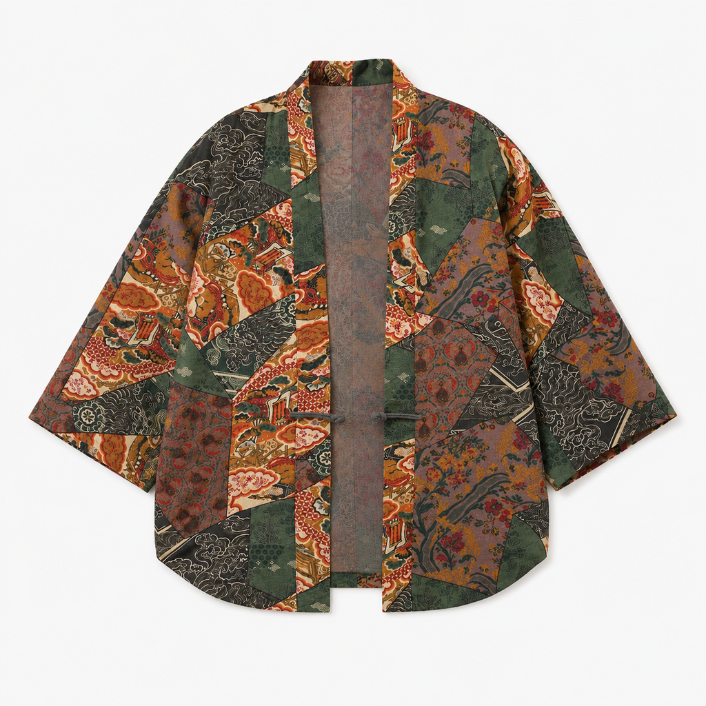 Kimono Mixte Patchwork Vert Foncé Court | Momiji