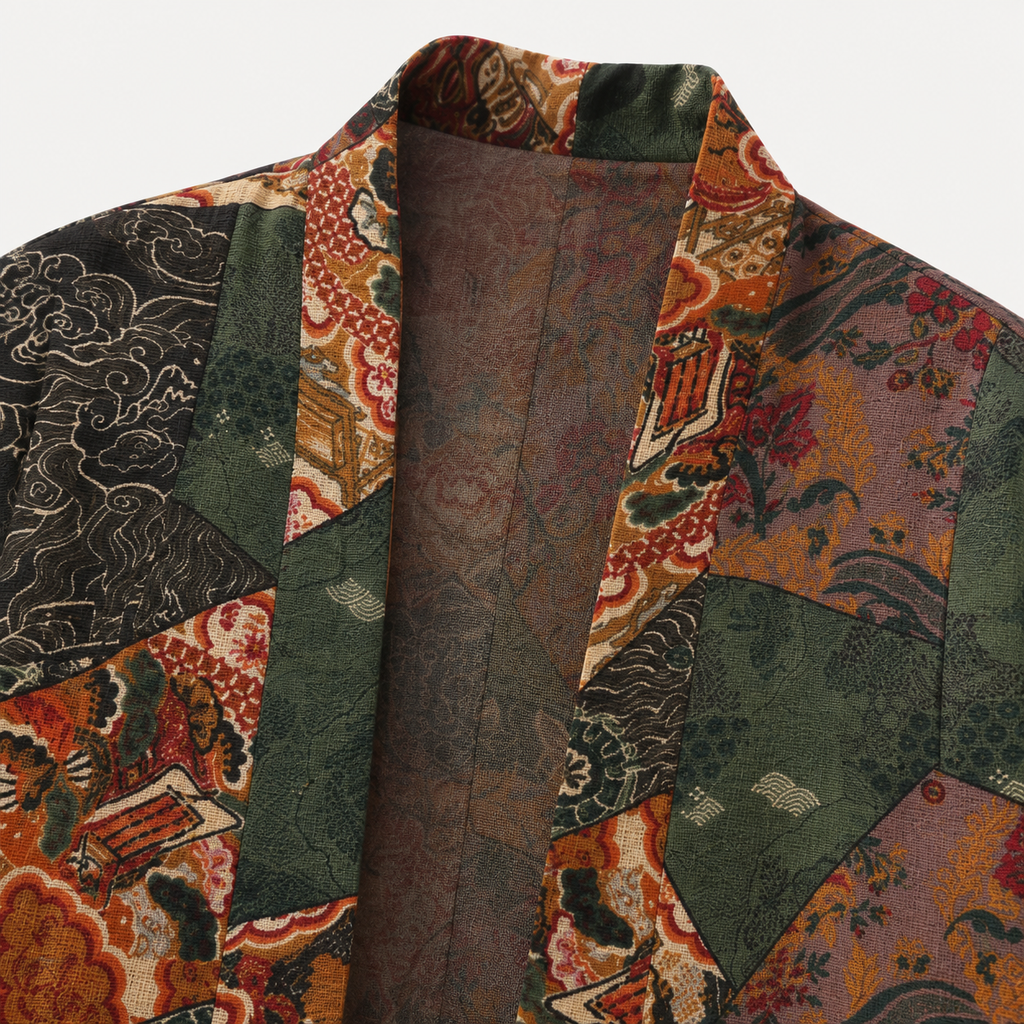 Kimono Mixte Patchwork Vert Foncé Court | Momiji