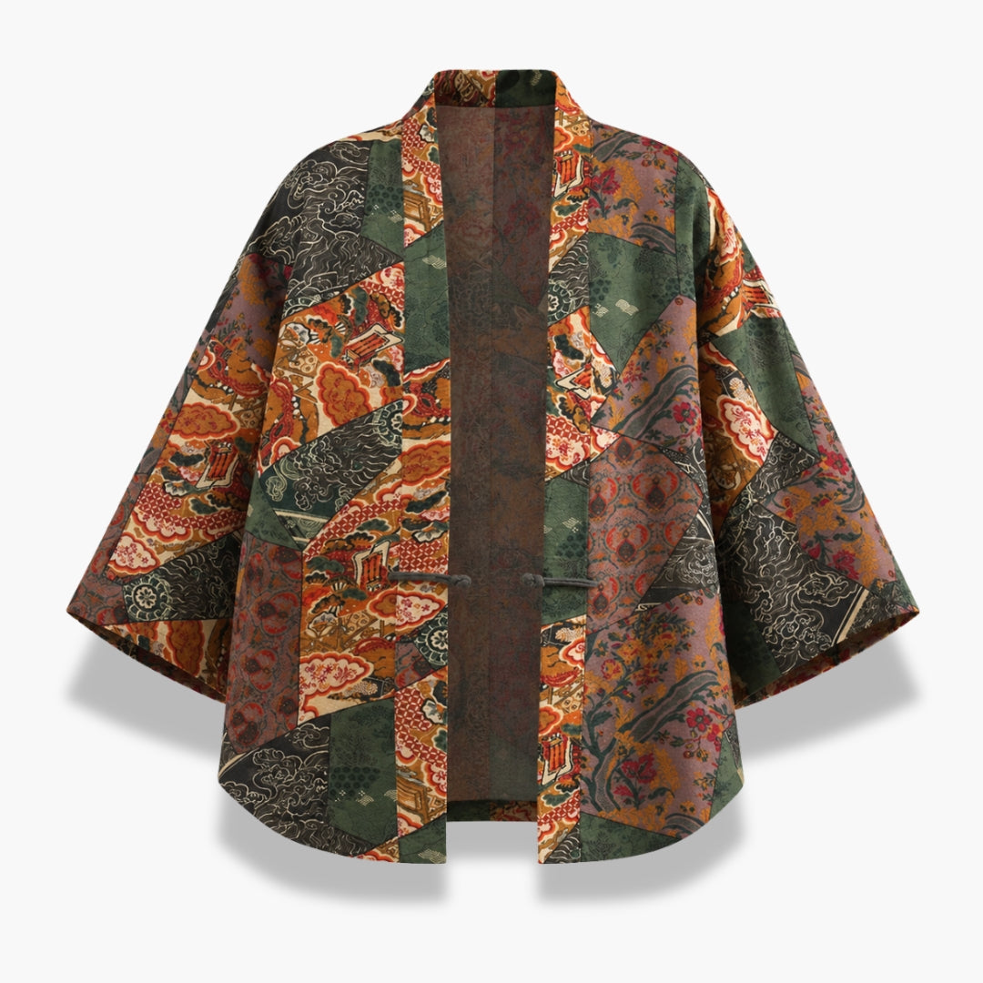 Kimono Mixte Patchwork Vert Foncé Court | Momiji