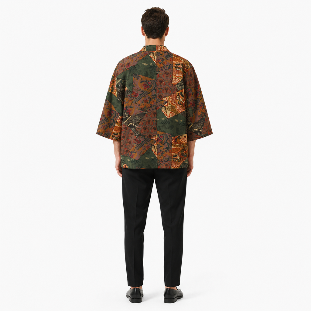 Kimono Mixte Patchwork Vert Foncé Court | Momiji